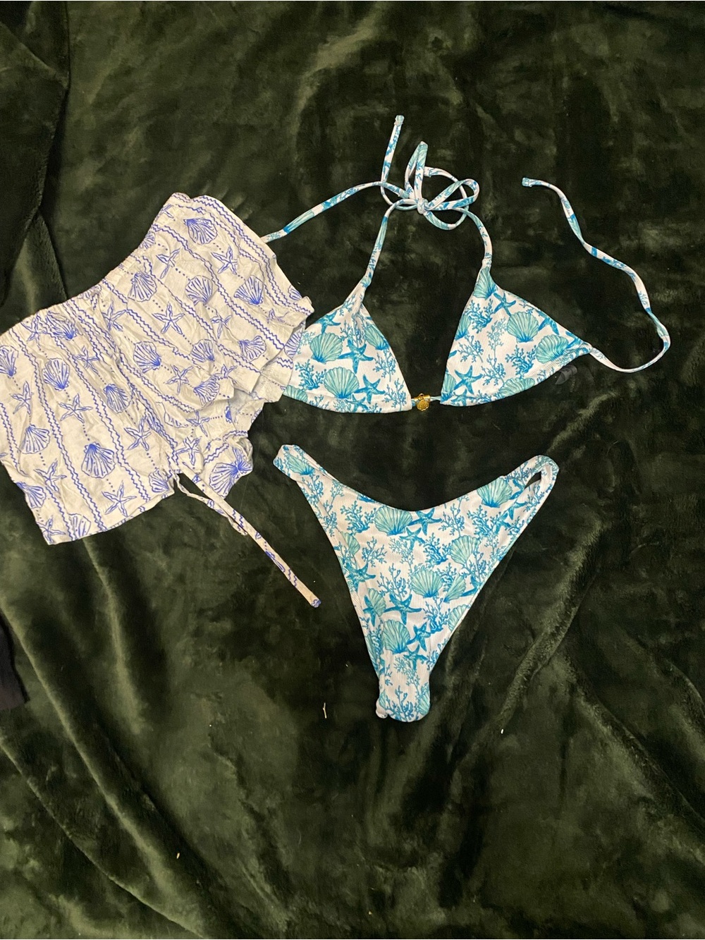 SHEIN Blue and White Tropical Print Triangle Bikini